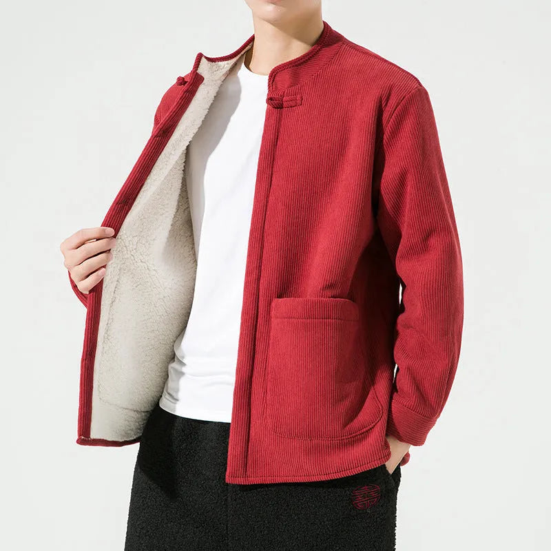 Men's hanfu stand collar corduroy fleece warm jacket in black, front view