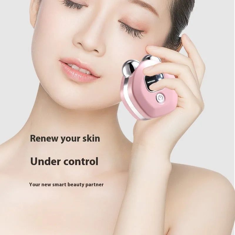 Portable white handheld facial massage instrument with double rollers and a charging cable