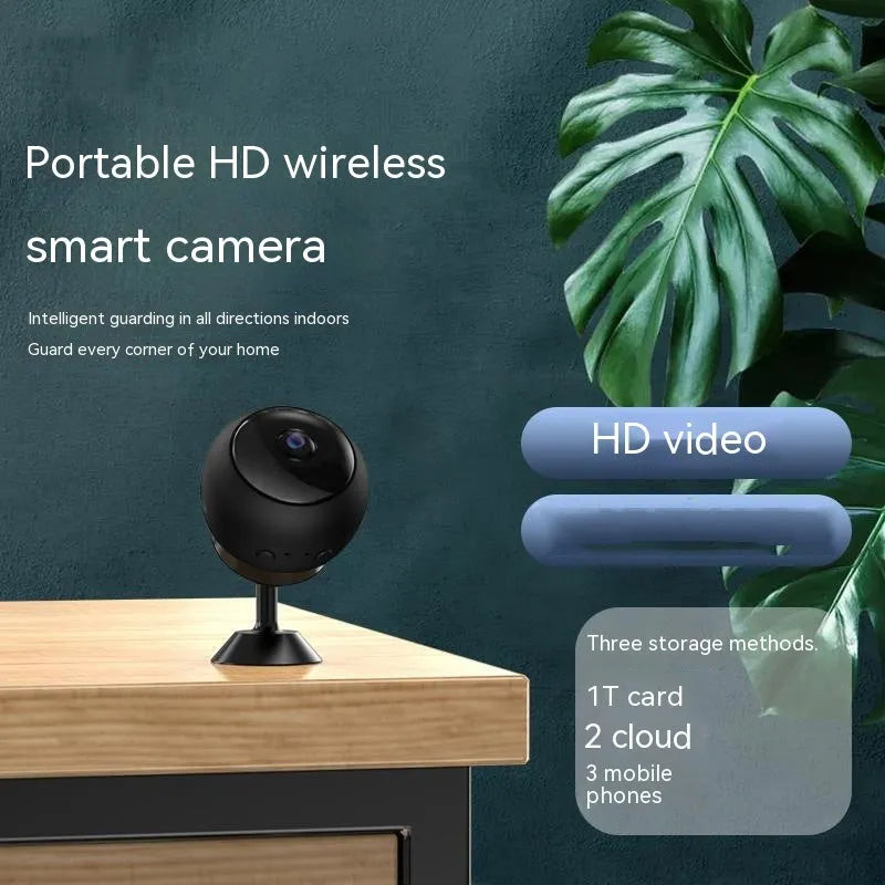 1080p wireless WiFi surveillance camera with ABS housing on a flat surface.