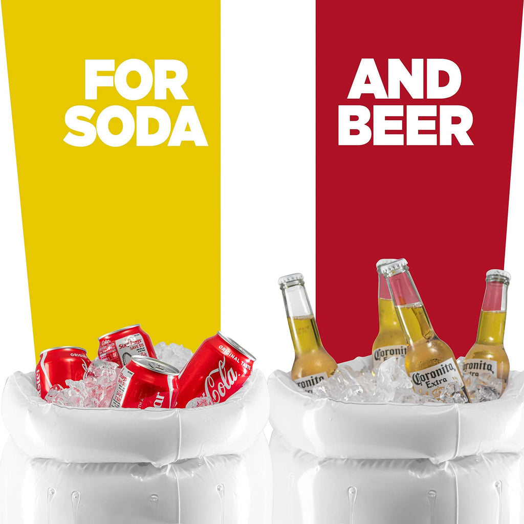 Large yellow inflatable beer mug cooler float holding drinks in a swimming pool