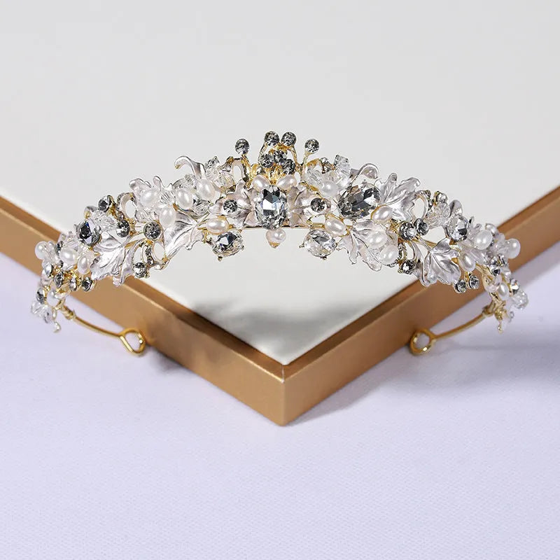 Pearl crown headdress hair accessory in gold or silver electroplated alloy