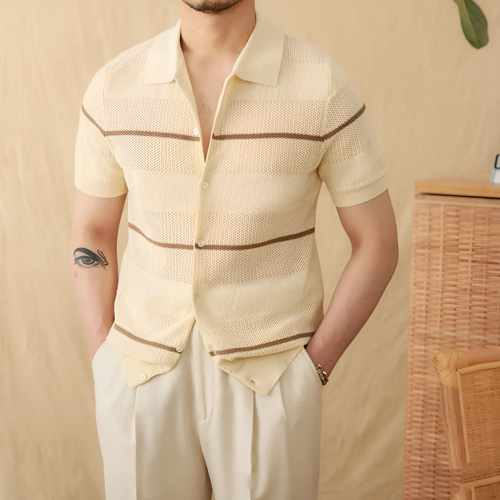 Casual lapel cardigan in camel, short sleeve, cotton linen knit, shown front view
