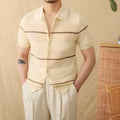 Casual lapel cardigan in camel, short sleeve, cotton linen knit, shown front view