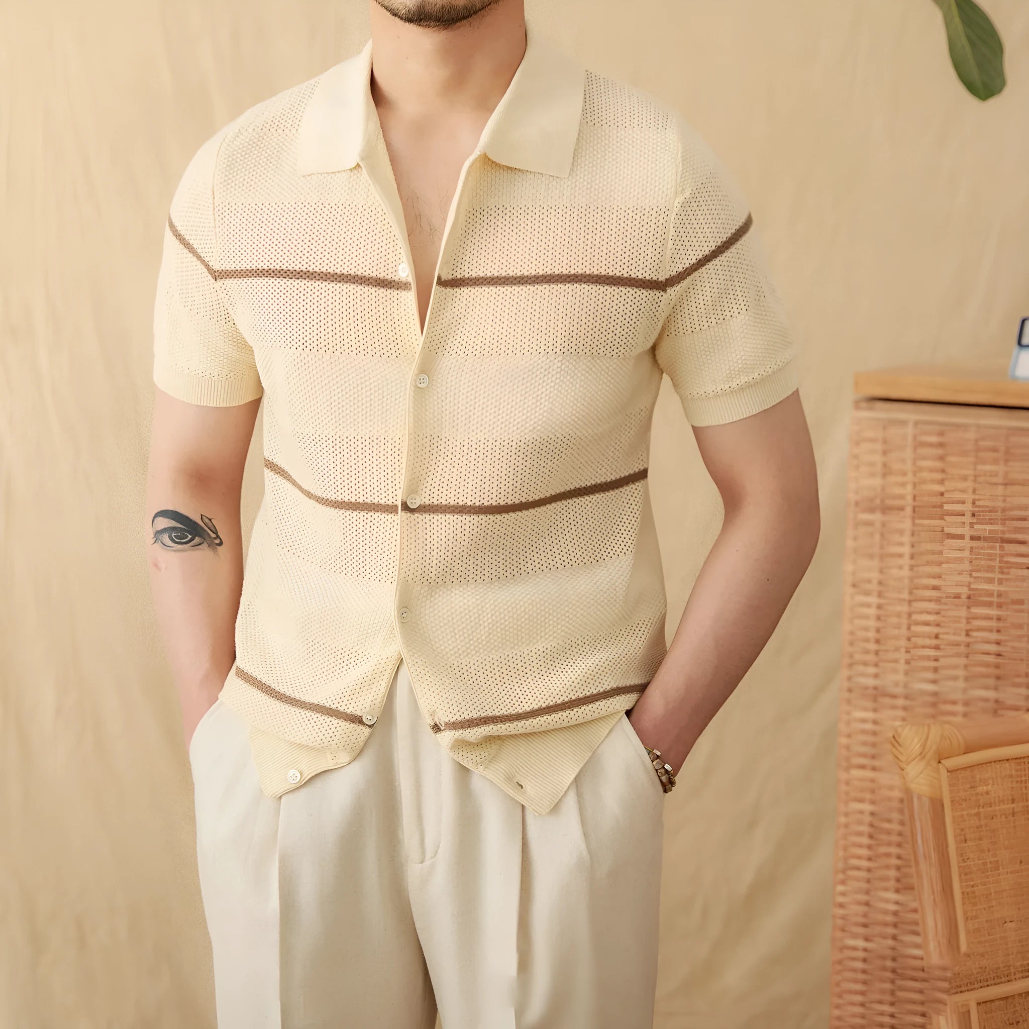 Casual lapel cardigan in camel, short sleeve, cotton linen knit, shown front view