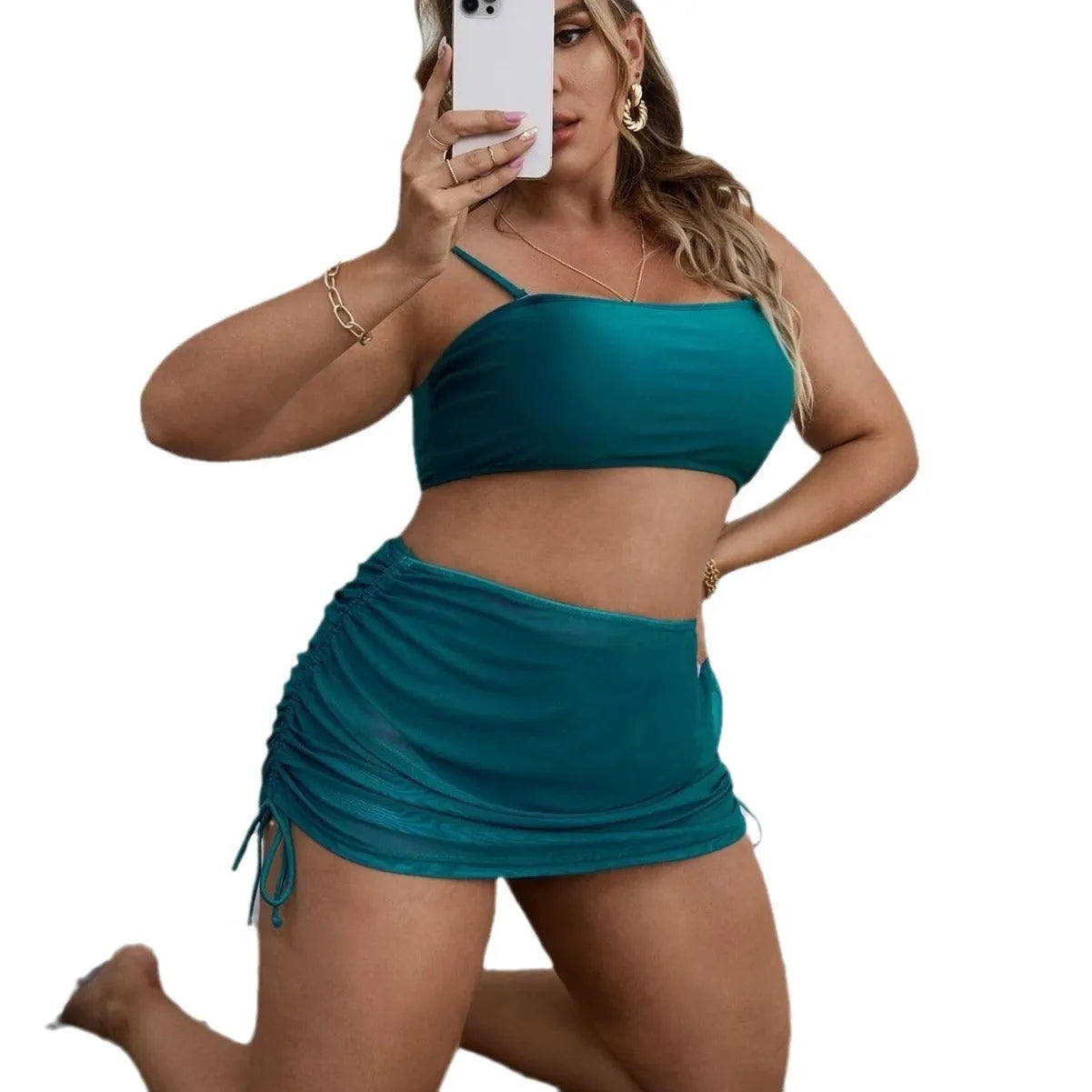 Solid colour mesh bikini three-piece set for women in black with spandex lining, sizes 0XL-4XL