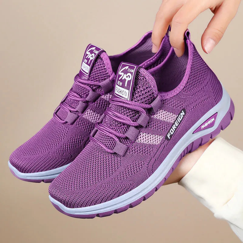 Breathable mesh casual shoes with PVC sole, low top, flat heel, round toe, shallow mouth, available in UK sizes 36-41 in black, gray, purple, and red