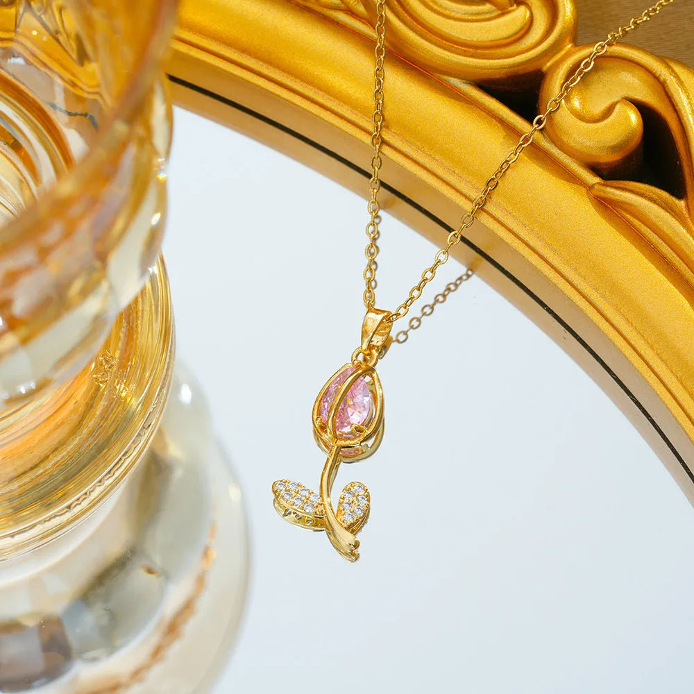 Zircon tulip necklace for women with gold floral pendant on adjustable titanium steel chain.