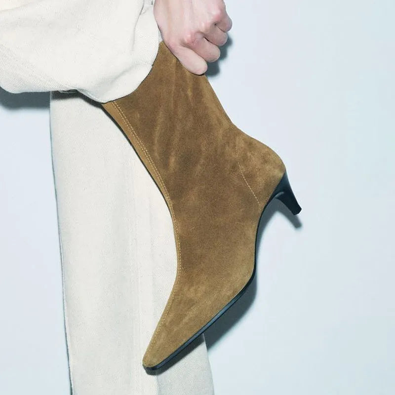 Brown square toe mid heel boots with side zipper and waterproof platform sole