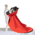 Red polyester Halloween atmosphere cloak for dogs and cats, laid flat showing open-back design