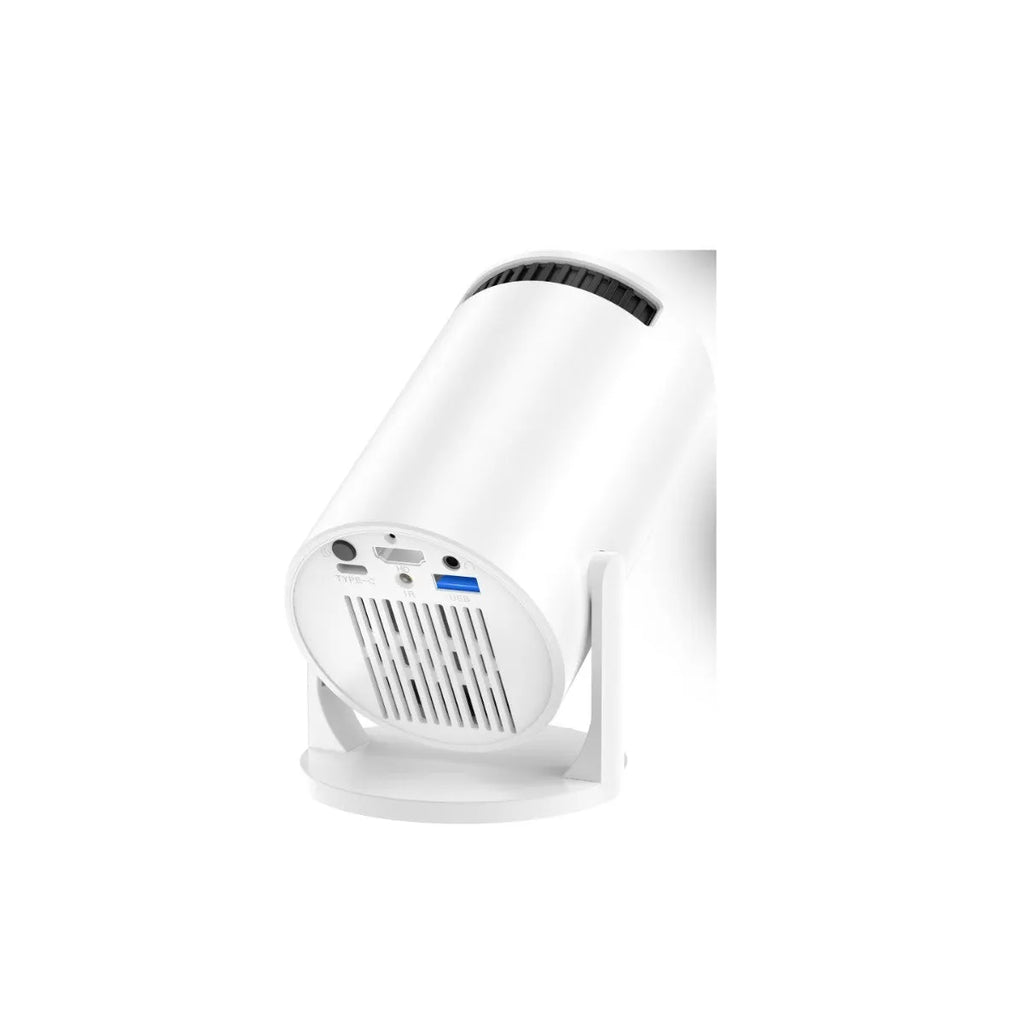 White mini wireless portable projector displaying HD content on wall