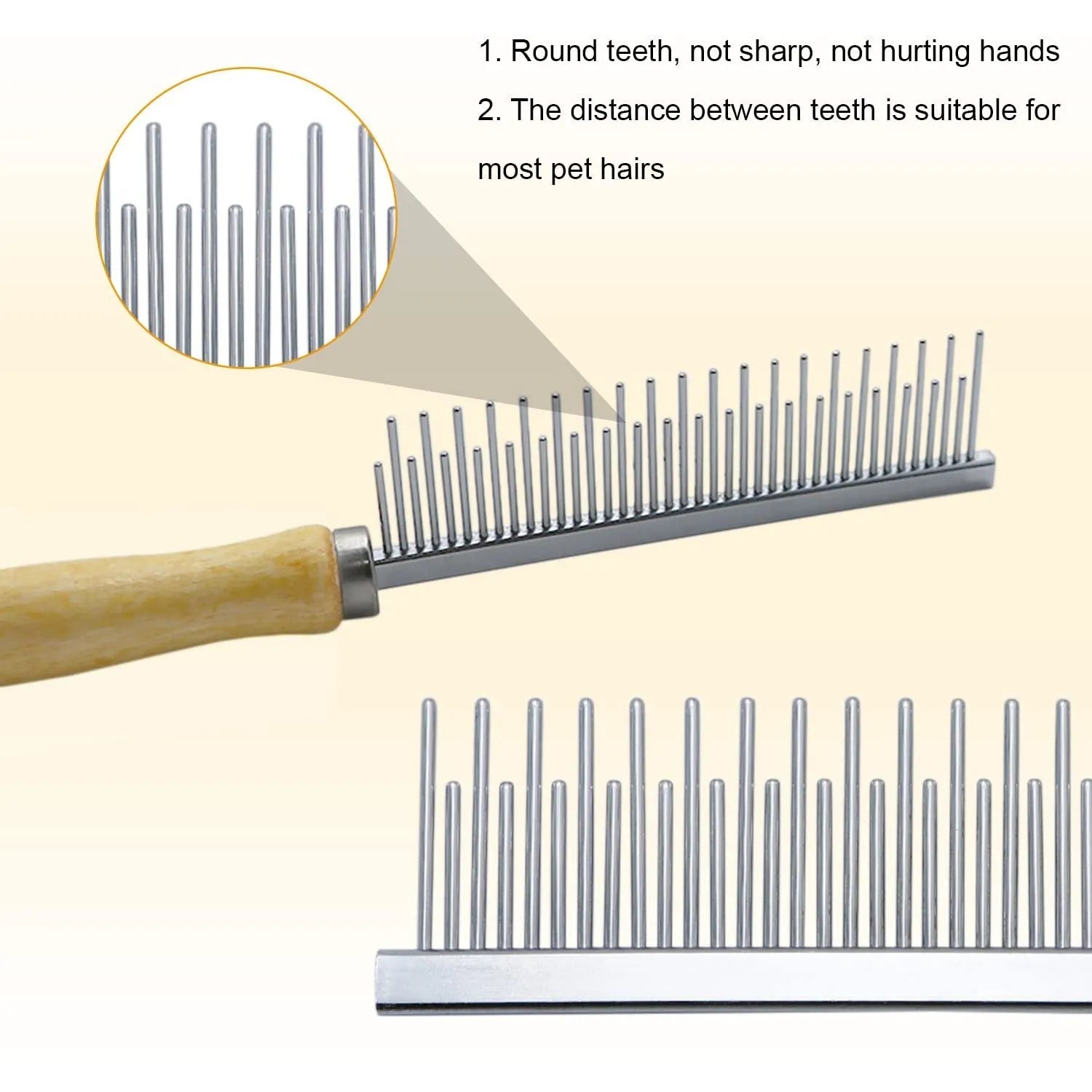 Wooden handle pet grooming comb with round teeth for dog and cat coat maintenance