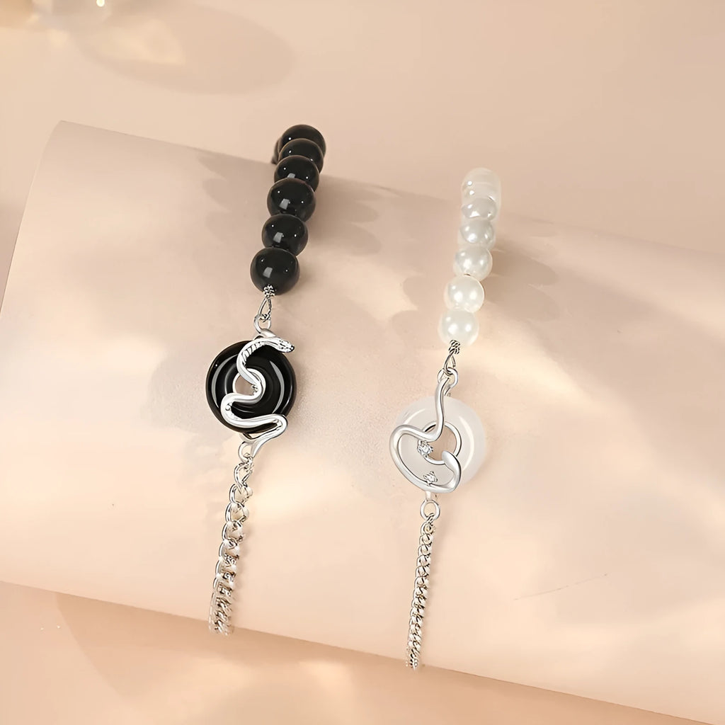 925 Sterling Silver Chinese Obsidian Pearl Couple Bracelet with snake design and safe buckle.