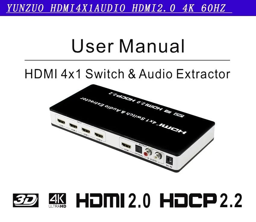 Black HDMI video switch with four inputs and one output, remote control, and power adapter