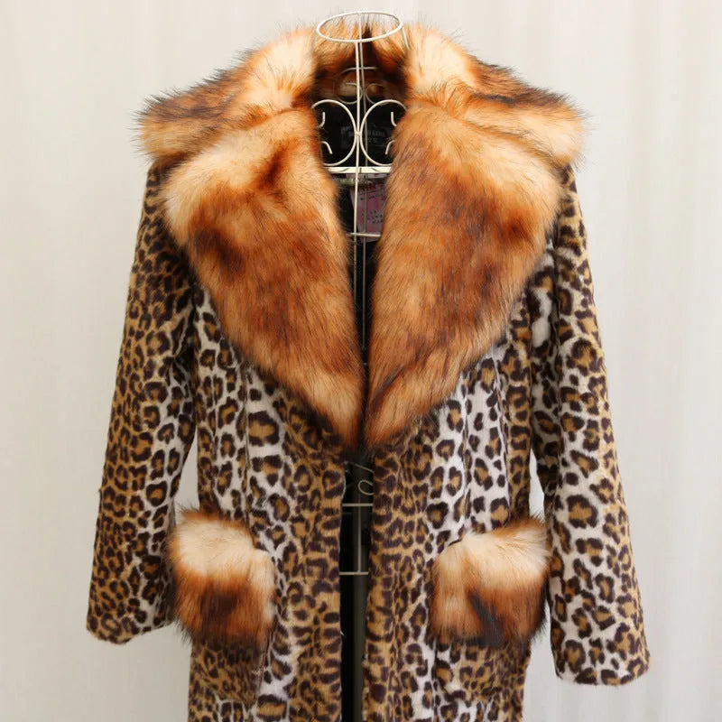 Women's long leopard print artificial fur jacket with regular sleeves, 80cm length