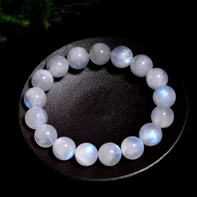Natural blue moonlight round bead moonstone bracelet with polished finish