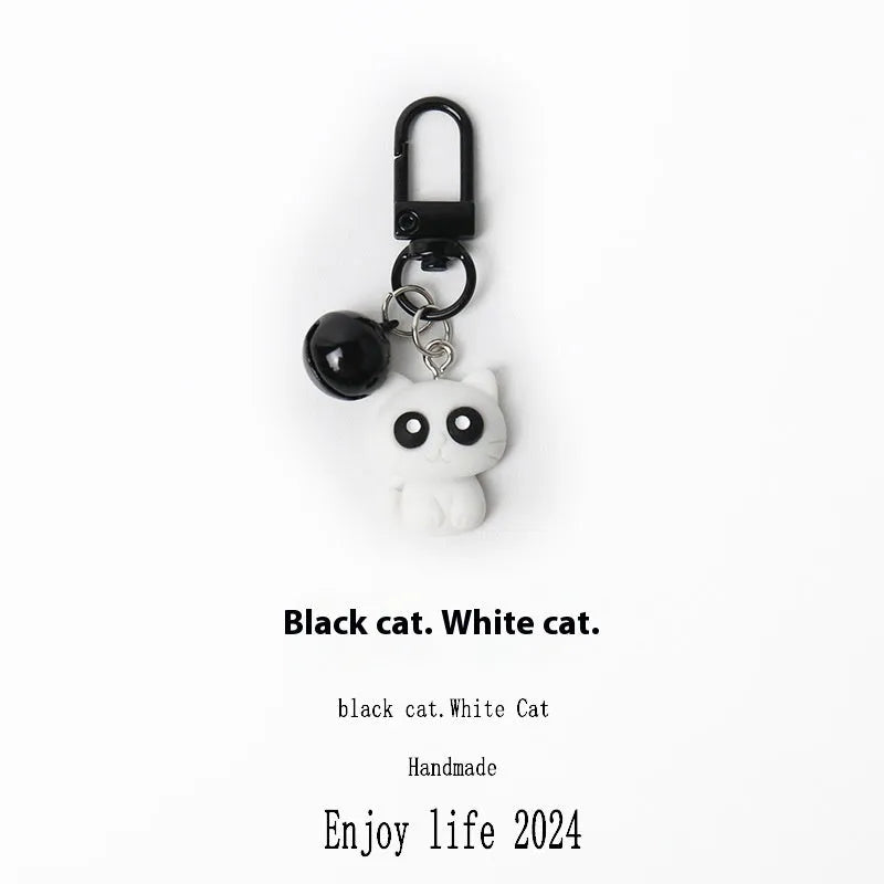 Cartoon little black cat and white kitten key chain pendant on handbag