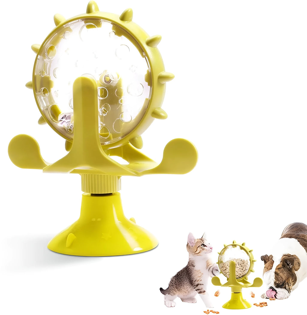 Interactive pet puzzle feeder toy with rotating food dispenser and sucker base in blue green red yellow