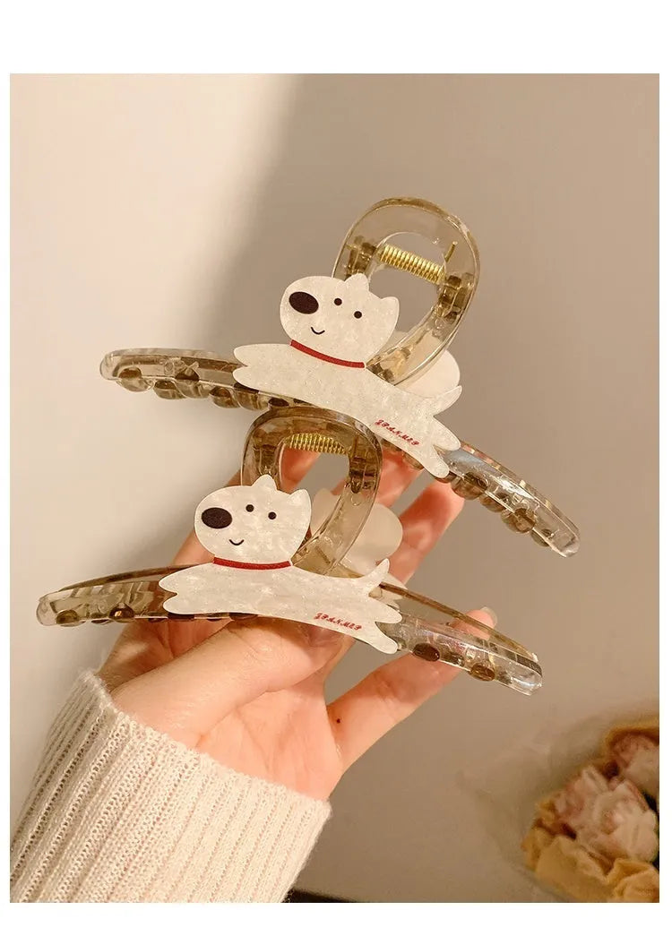 Cute cartoon puppy hair barrette clip in Korean style, shown in beige and brown colour options.