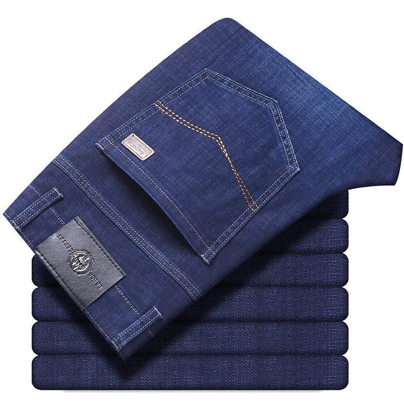Man wearing black high-elasticity loose-fit straight-leg jeans, business casual style