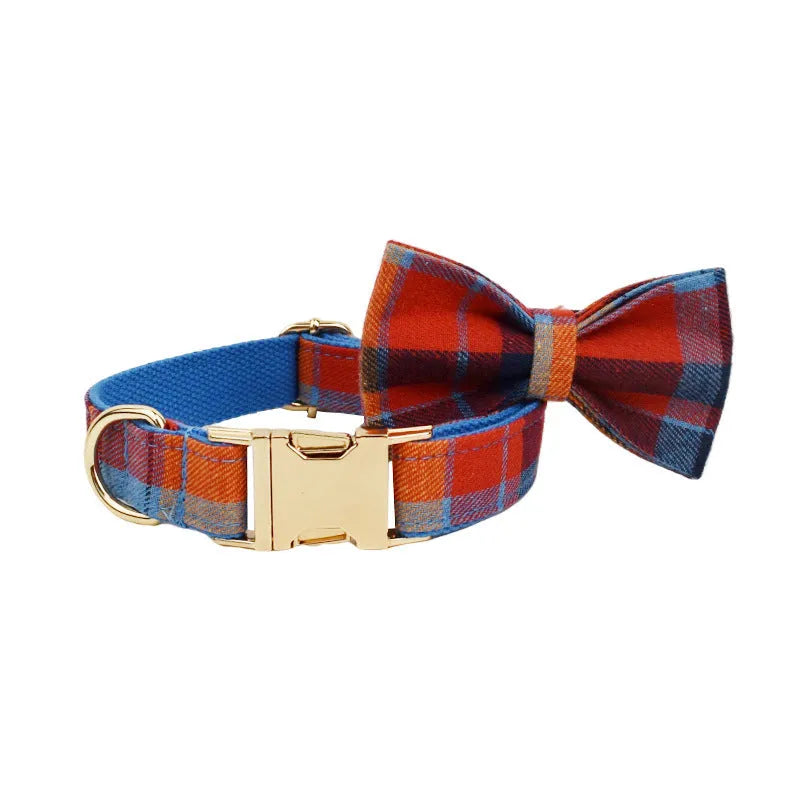 Blue velvet plaid dog collar set with cloth lead and hand holding rope on pet bandana