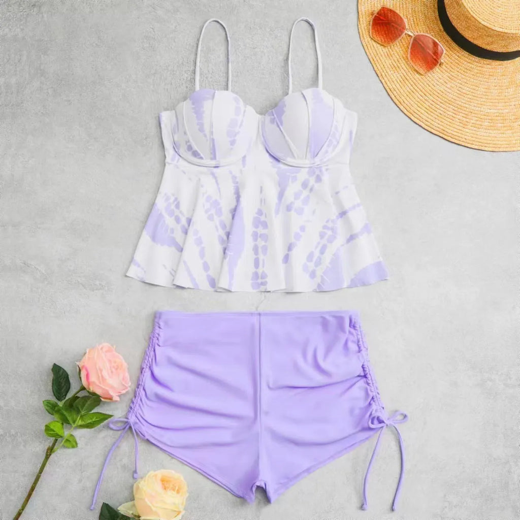 Women's hard bag printed split bikini swimsuit in polyester, white colour, with top and shorts