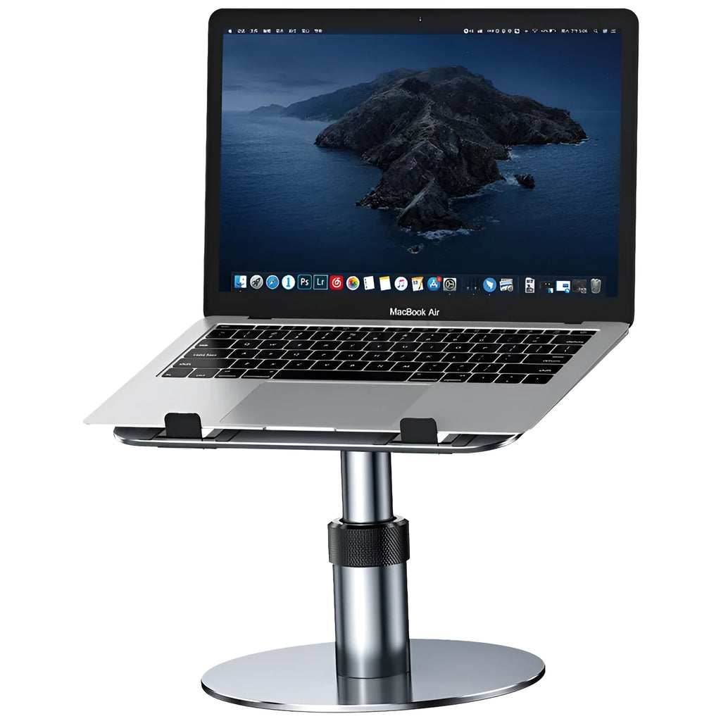 Silver adjustable car laptop stand with height adjustment and rotating base on vehicle seat