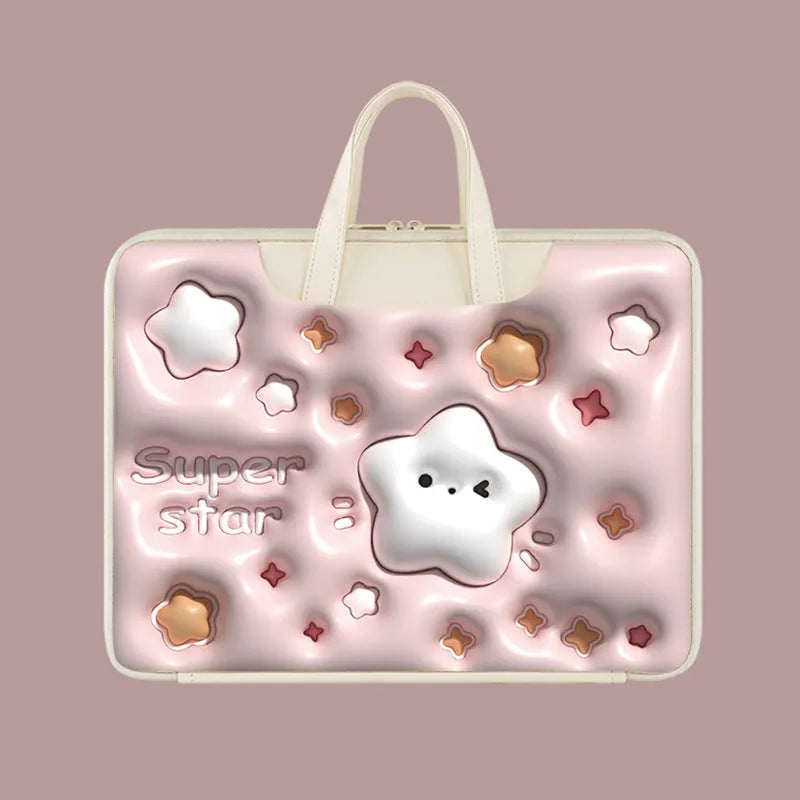 Inflatable PU leather laptop bag in Cat Beige colour with luggage strap, designed for 13 to 15.6 inch devices.