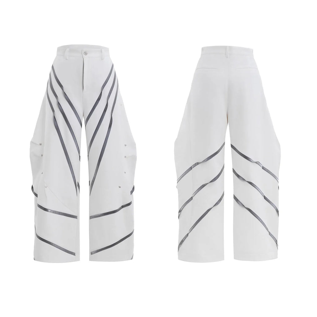 Men's polyester trousers with three-dimensional cutting and metal rivet pleated detailing