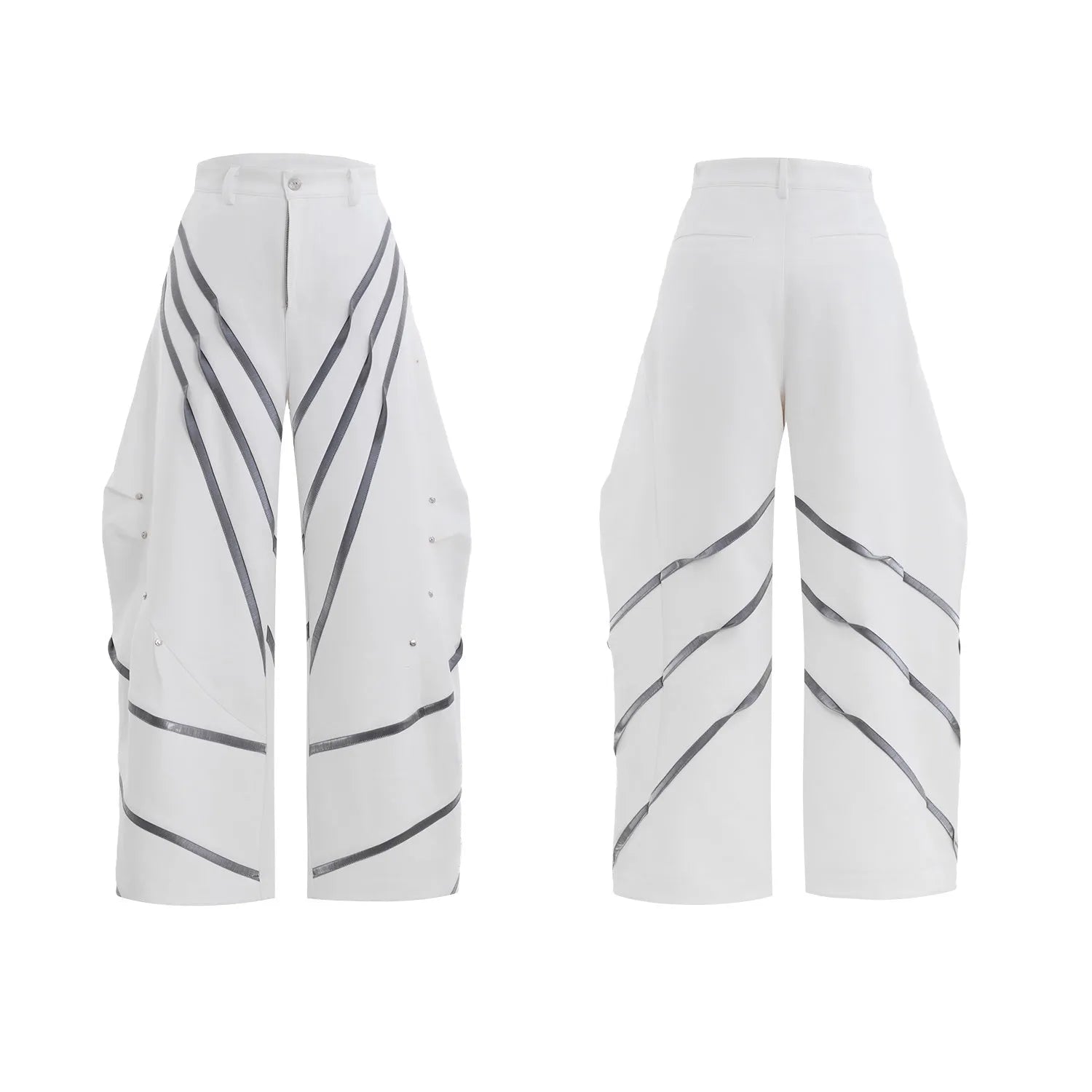 Men's polyester trousers with three-dimensional cutting and metal rivet pleated detailing