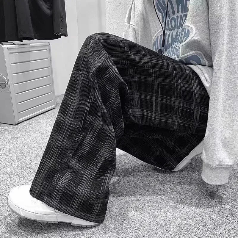 Japanese retro loose straight plaid trousers in black and green, mid waist, polyester fibre, sizes S to 3XL