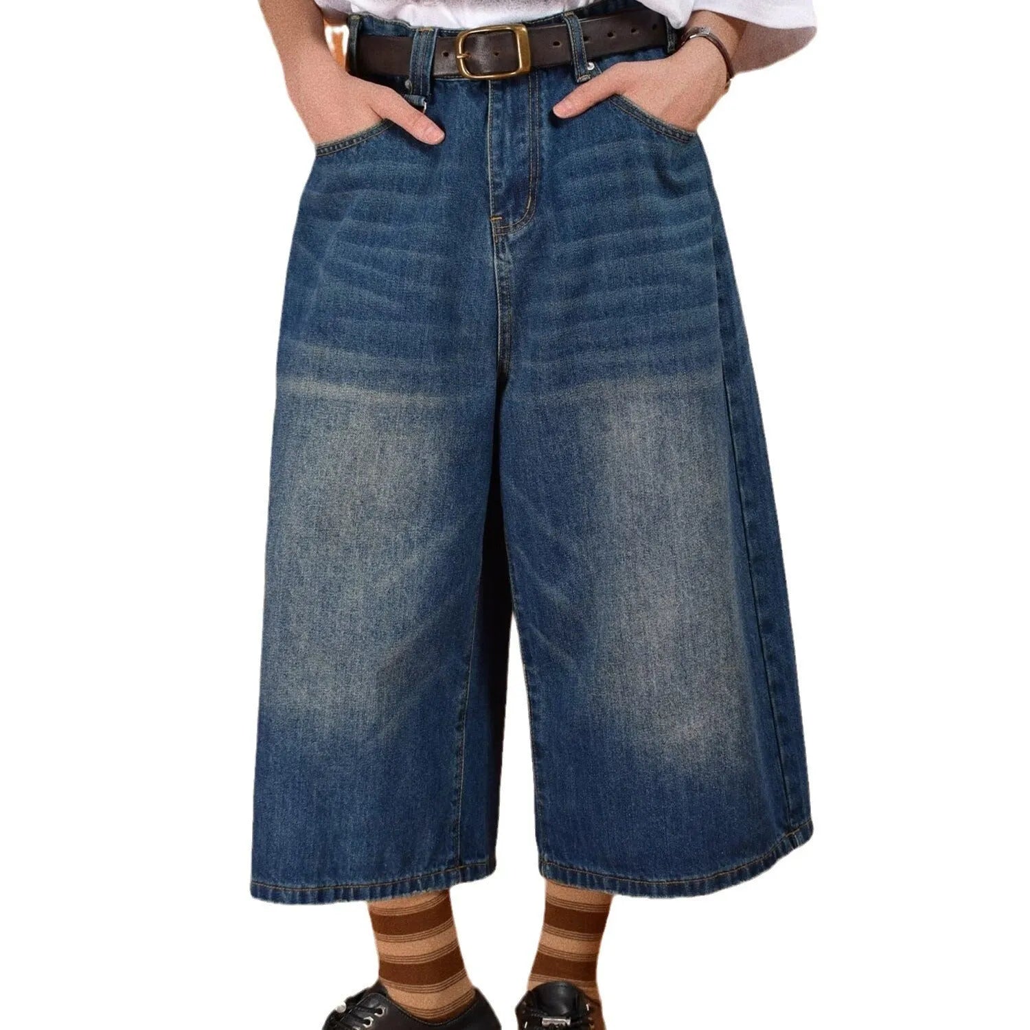 Men's loose straight cut denim shorts in blue shades with micro elastic construction