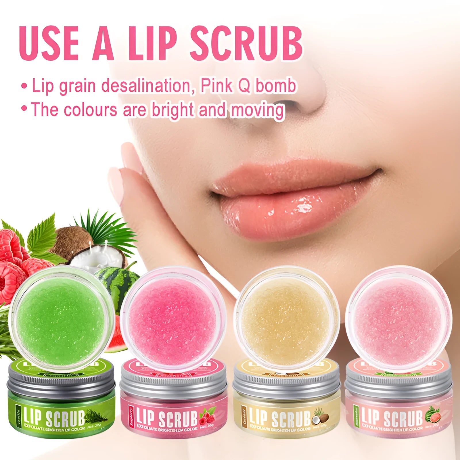 Amatoni 30g lip scrub cream pot in fruit flavours for exfoliating and moisturising lip care