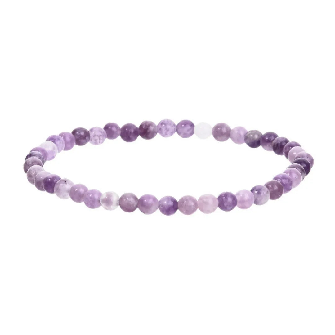 Niche Style purple stone bead elastic bracelet on white background, geometric beads 4mm to 10mm sizes