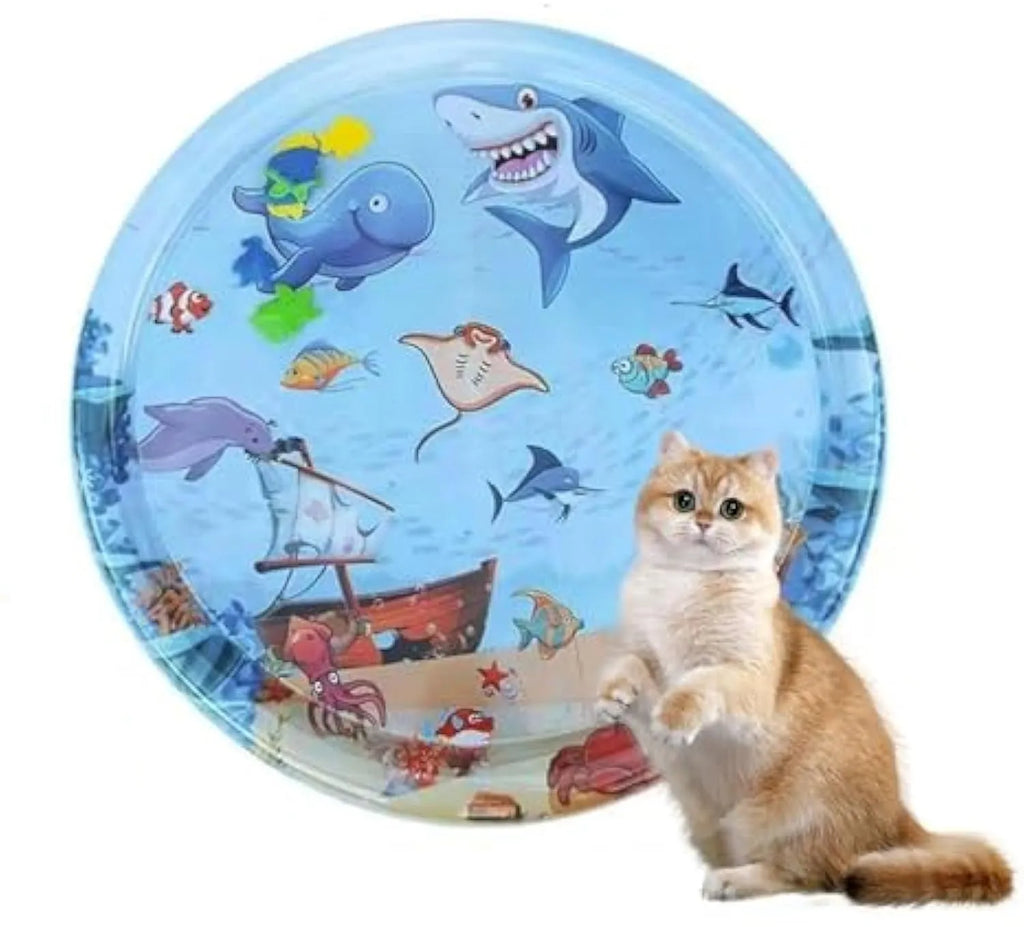 Blue round cat water mat with ocean fish floating toys and inflator, 90cm diameter