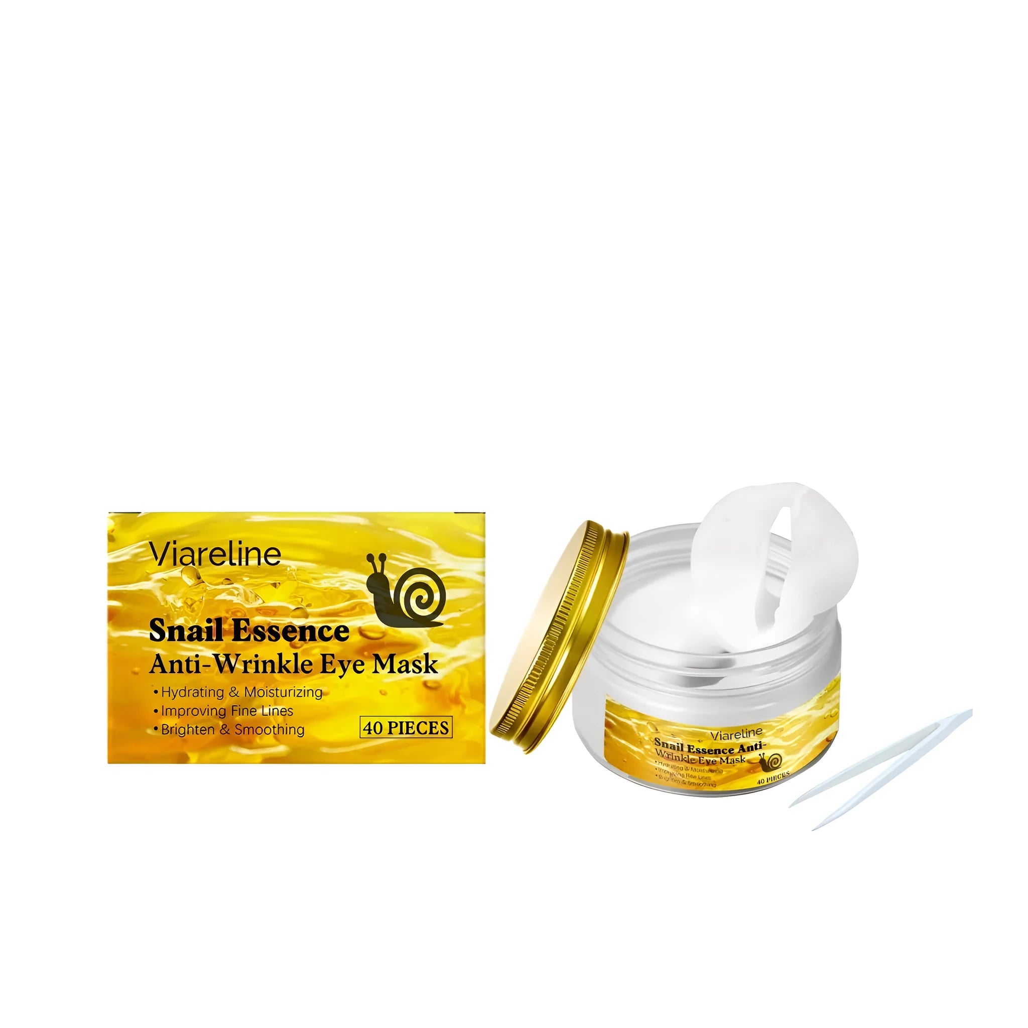 Snail light wrinkle eye mask patches in a clear container with tweezers, showing under-eye application.