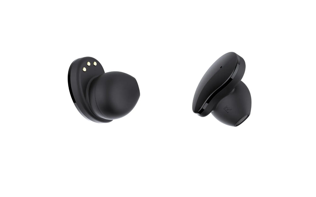 Black smart bracelet with detachable TWS Bluetooth earphones showing colour screen displaying heart rate and step count