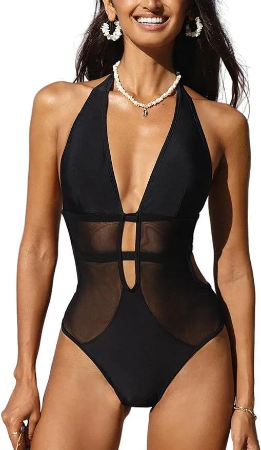 Women's V-neck hanging neck mesh black one-piece nylon swimsuit for swimming and wading