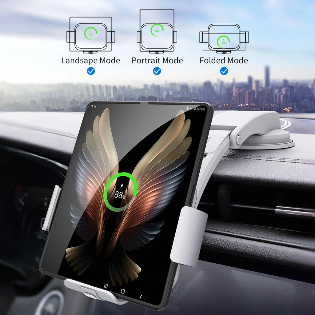 Wireless charging car phone holder with folding screen and multiple mounting accessories