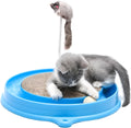 Round blue cat scratcher toy with ball track and replaceable cardboard scratching surface