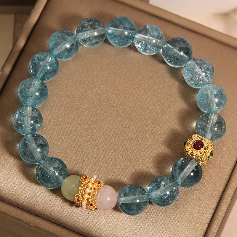 Natural crystal bracelet for women with blue cube sugar and colourful stone beads on flexible ring