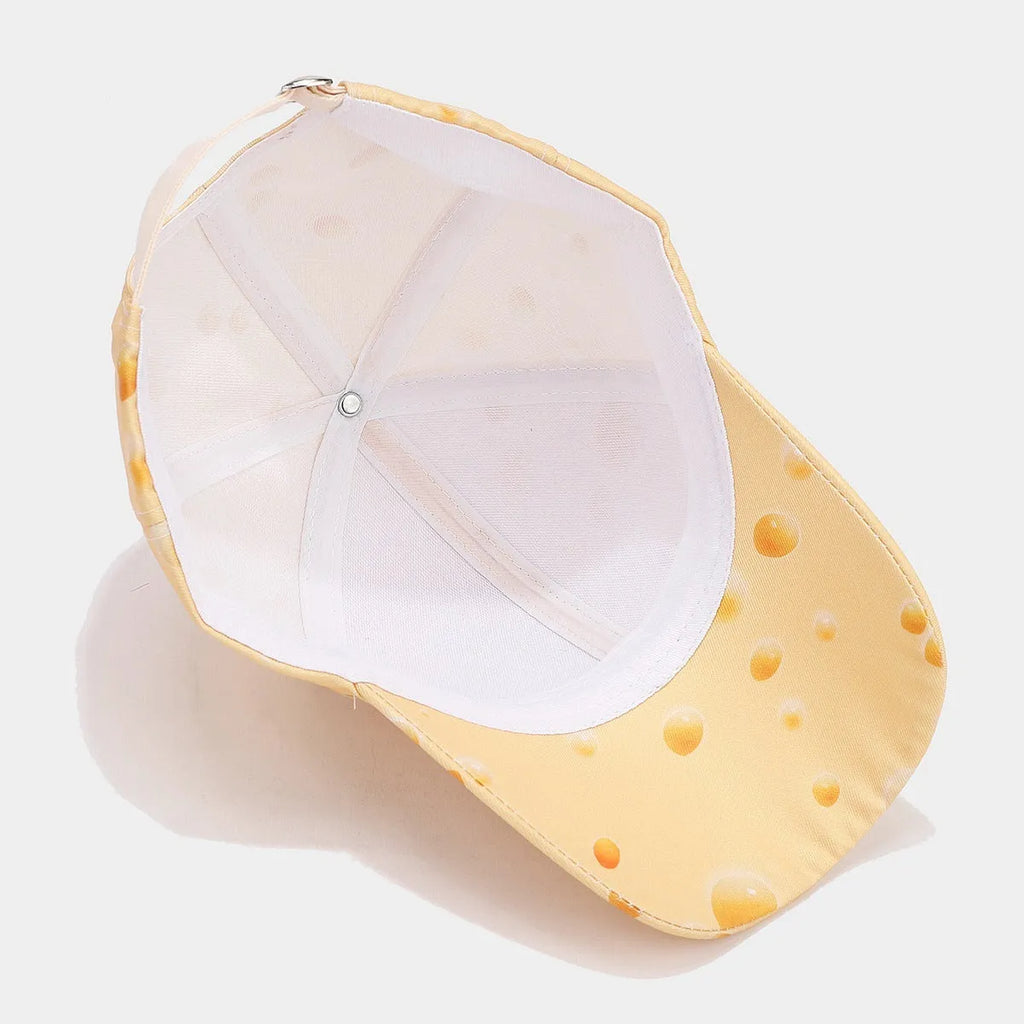 Full printed cheese pattern peaked cap with adjustable strap and dome crown