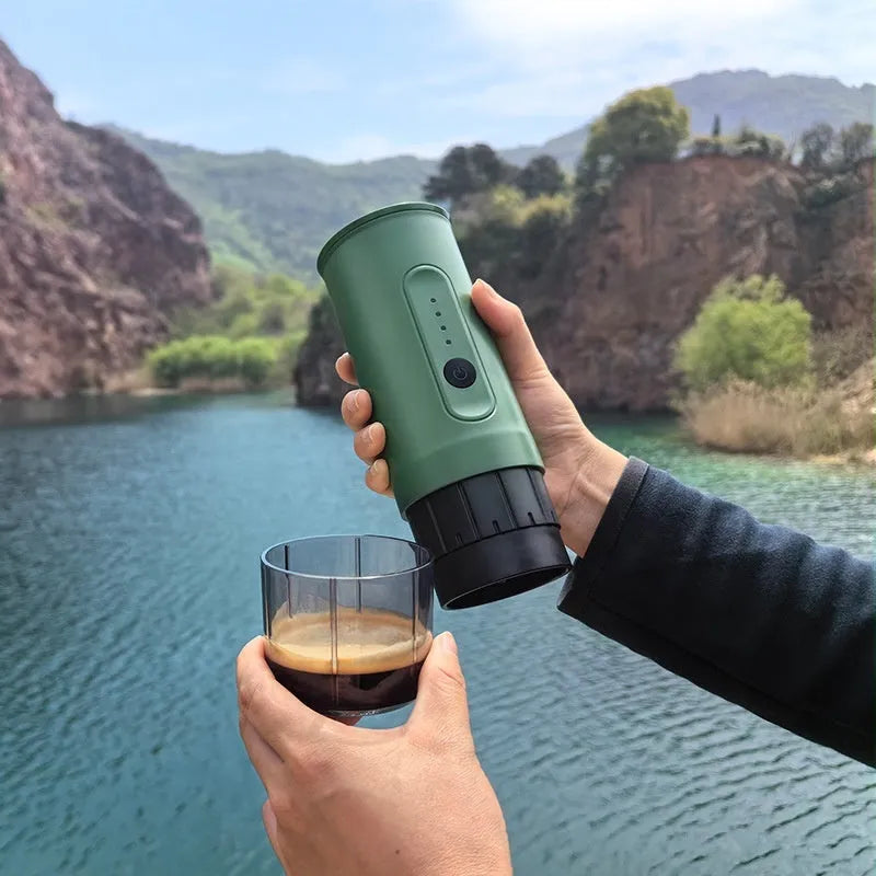 Portable electric coffee machine with stainless steel body in Moonlight White, including storage bag