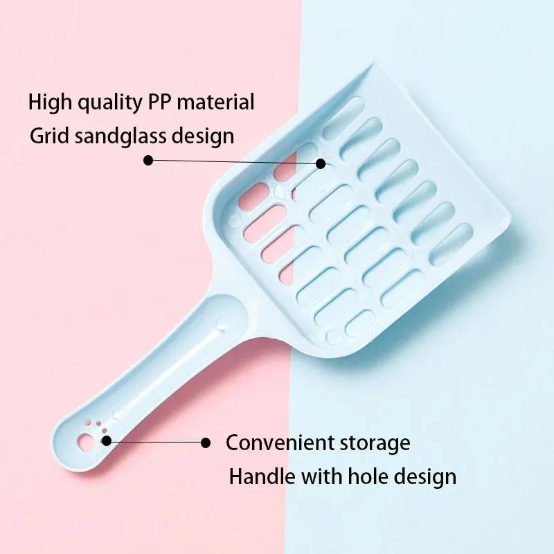 Plastic cat litter scoop in blue colour showing 20cm length for litter box cleaning