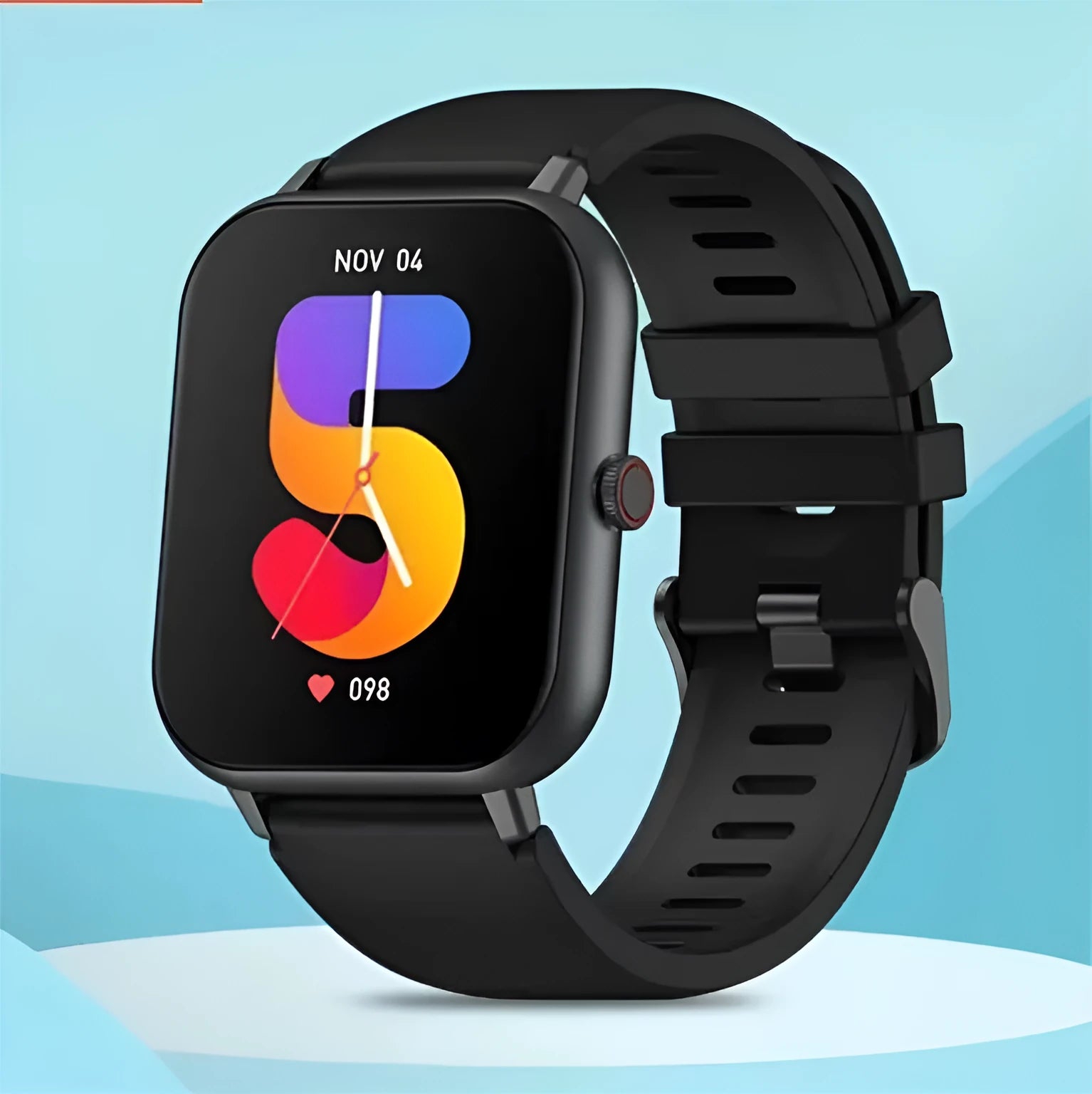 Bluetooth smart watch in black with AI voice, heart rate monitor, and TFT touch screen on wrist.
