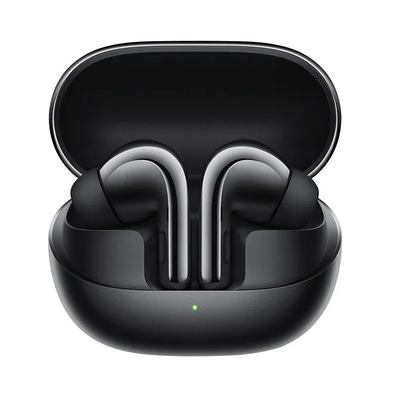 Black active noise reduction true wireless Bluetooth headset with charging case on a flat surface