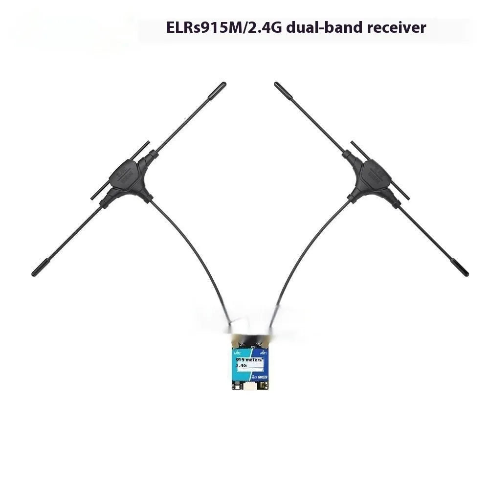 GE Pu dual-band ELRS receiver with two T-shaped antennas and installation accessories on a white background.