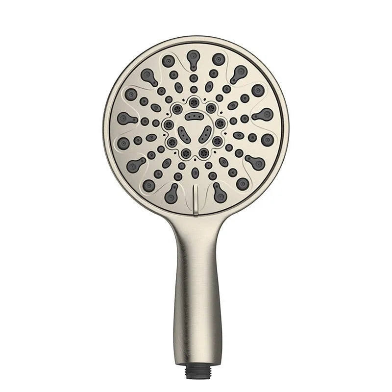 Six-function handheld shower head with ABS plastic construction and electroplated finish