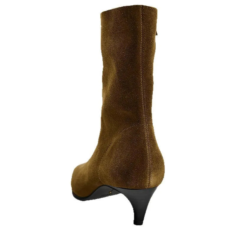Brown square toe mid heel boots with side zipper and waterproof platform sole