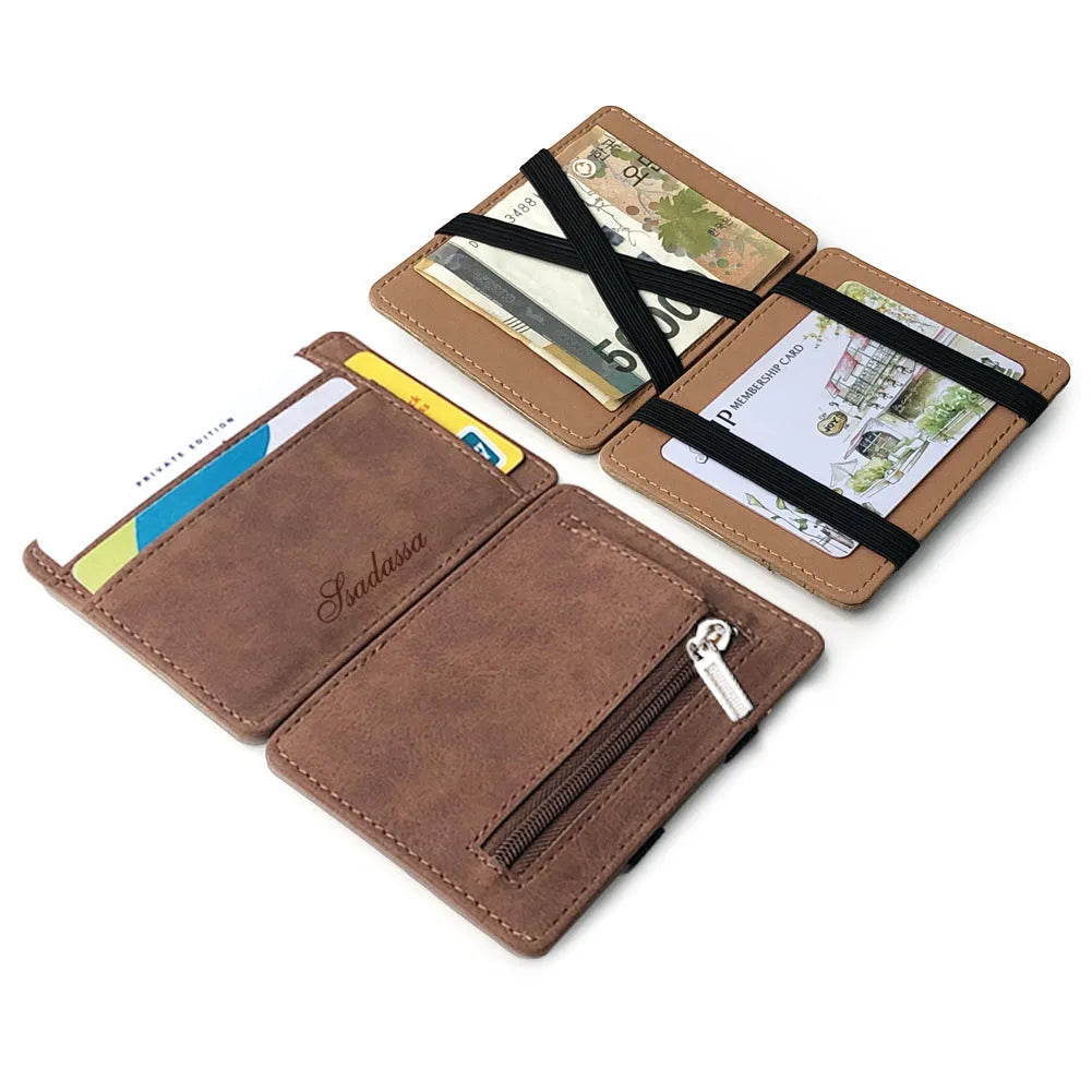Matte leather magic wallet in horizontal square shape with sewing line details, shown in multiple colours