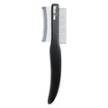 Black double-sided pet hair comb with stainless steel teeth and wood handle on white background